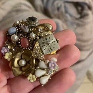 Vintage Bonetto on Avon Chain Gold and Multicolor Floral Brooch with Watch